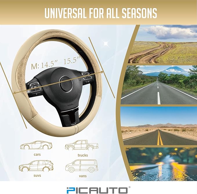 PIC AUTO Steering Wheel Cover, Gold Patterned Leather Patchwork Design, Universal Fit 14.5"–15.5", Anti-Slip, Odor-Free, Soft PU Grain Leather, Durable Grip Car Accessory for Girls & Women