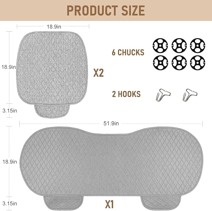 3 PCS Linen Car Seat Covers with Storage Pocket, Back Seat Covers Protectors with Non-Slip, Breathable Bench Seat Covers Universal Fit for SUVs, Cars, Trucks (Light Grey)