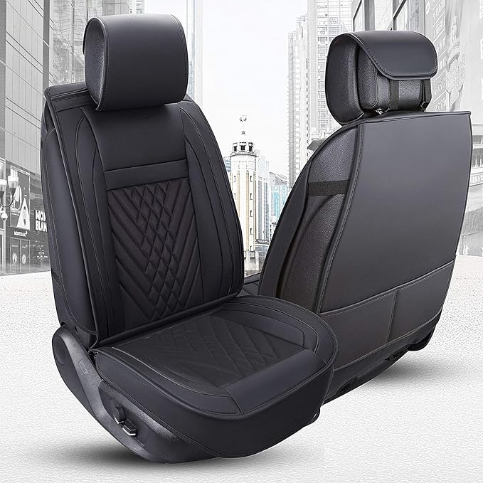 PLTCAT 2 Front Car Seat Covers Set, Car Seat Cushions with PU Leather Compatible with Most Cars, Suvs, Vans Trucks(Black, 2 PCS Front)