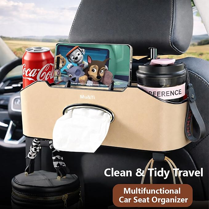 Mu&Ti Back Seat Car Organizer,4+2 in 1 Multifunctional Car Back Seat Storage Box with 2 Cup Holders, Tissue Box and Hook - Ideal for Kids and Travel(Beige)