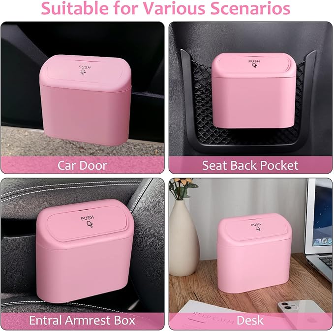 Accmor Car Trash Can with Lid, Vehicle Trash Bin Car Dustbin Garbage Organizer Holder with One Roll Trash Bag, Portable Hanging Mini Leakproof Cars Storage Bag Container for Auto, SUV, Office (Pink)