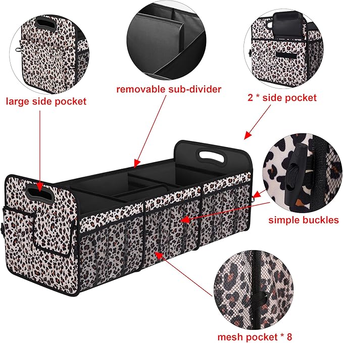 Femuar Collapsible Trunk Organizer - 90L Large Capacity with 15 Pockets, Waterproof for SUV/Car/Jeep/Sedan, Extra Large Leopard Print