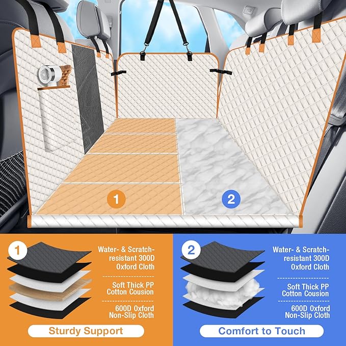 Dog Car Seat Cover for Back Seat, Hard Bottom Holds 420lbs Dog Hammock for Cars SUVs Trucks, Easy to Clean, Waterproof Scratch-Proof Nonslip Backseat Extender for Dogs 4 Panels
