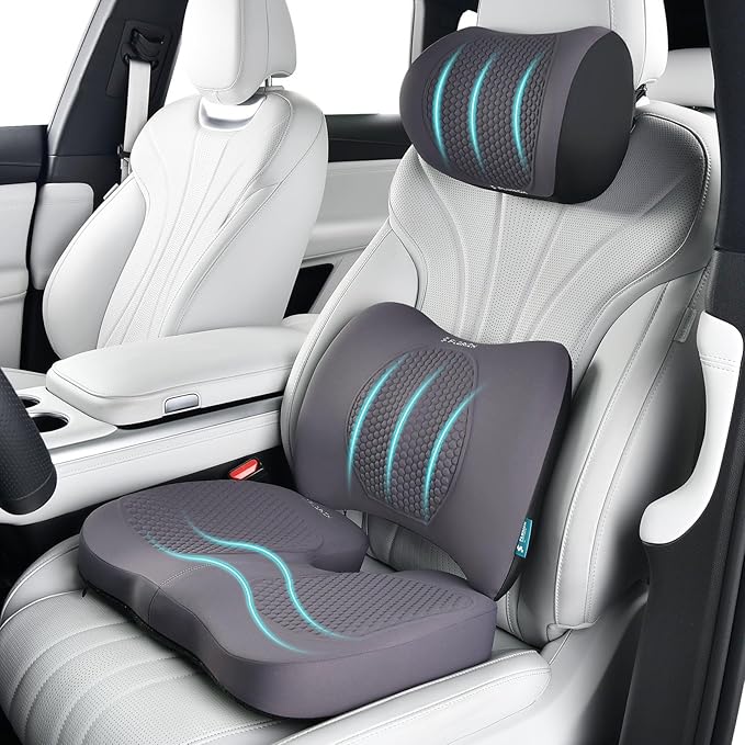 FLORICH 3 PCS Seat Cushion for Carseat Lumbar Support Pillow Car Neck Headrest Pillows Memory Foam Gel Memory Foam Massage Point Seat Pads Pressure Relief Back Cushion for Office Chair(Light Grey)