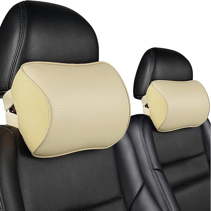 Aukee Car Neck Pillow Soft Memory Foam Leather Headrest for Driving Home Office Beige (Pack of 2)