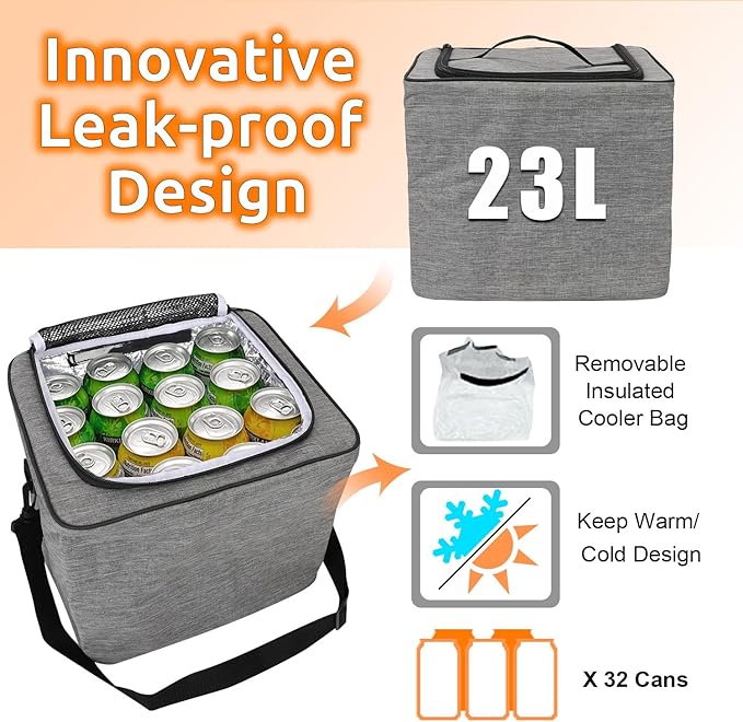 Collapsible Trunk Organizer with Insulated Leakproof Cooler Bag,Removable Lid,Adjustable Securing Straps,3 Compartments Trunk Organizer for SUV,Truck,Sedan(Light Grey)