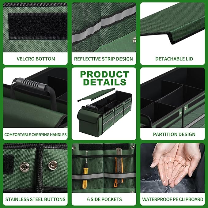 Car Trunk Organizer,115L Heavy Duty Collapsible Trunk Storage, with Insulated Leakproof Cooler Bag Vehicle Cargo Organizer with Lid, 3 Compartments, Straps For Car,Suv,Jeep,Sedan-Green