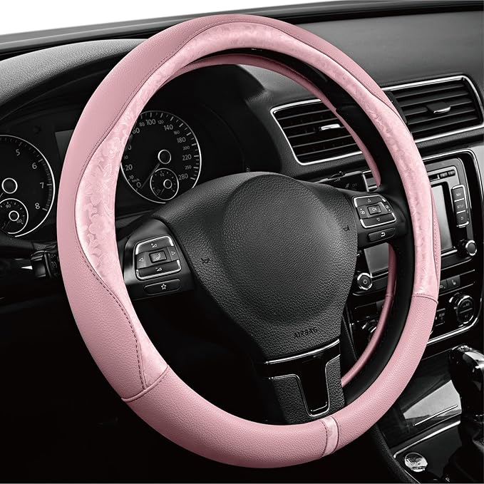 PIC AUTO Steering Wheel Cover, Pink Patterned Leather Patchwork Design, Universal Fit 14.5"–15.5", Anti-Slip, Odor-Free, Soft PU Grain Leather, Durable Grip Car Accessory for Girls & Women