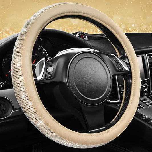 CAR PASS Bling Diamond Beige Leather Steering Wheel Cover, White Sparkly Crystal Glitter Rhinestones Universal Fit 14" 1/2-15" Car Wheel Protector for Women Girl Fit Suvs,Vans,Sedans,Trucks, Beige