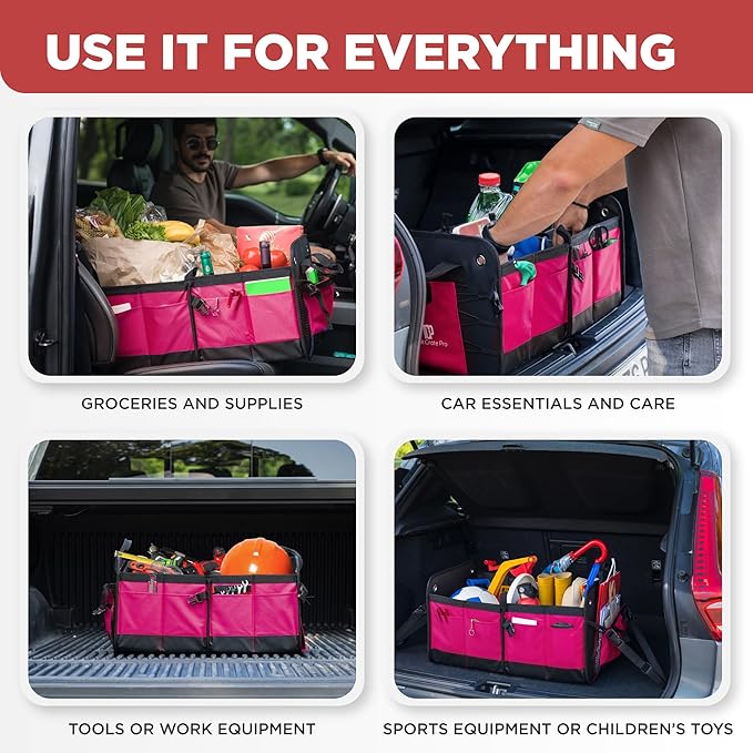 TRUNKCRATEPRO Pink Car Accessories For Women, Trunk Organizer For Car, Suv, Jeep Premium Adjustable Multi Compartments Collapsible (Large Capacity)