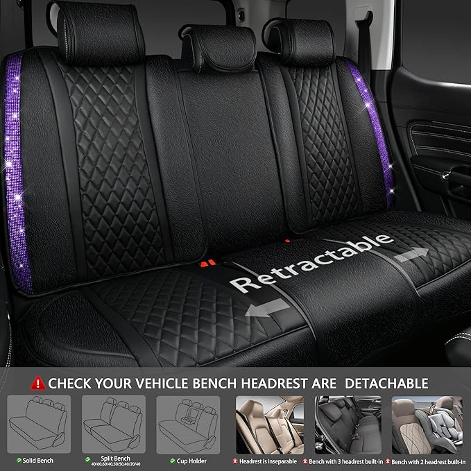 CAR PASS Bling Nappa Leather Car Seat Cover for Full Set Universal Luxury Waterproof Heavy-Duty Anti-Slip Cushioned Fit for SUV Sedan, Sparkly Glitter Shining Diamond Violet Crystal Purple Rhinestones