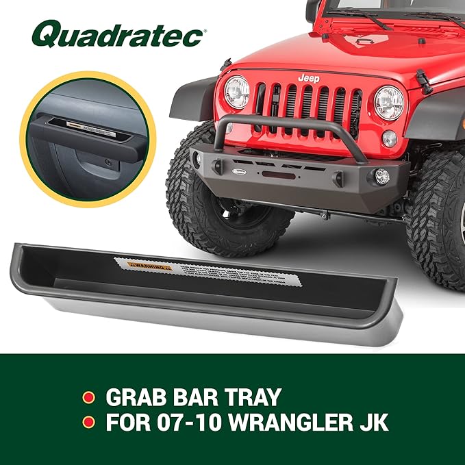 Quadratec Grab Bar Tray - Fits Jeep Wrangler JK JKU 2011-2018 2-Door & 4-Door - Dashboard Grab Handle Tray Storage - Slides in Grab Bar Above Glove Box - Jeep Wrangler Interior Accessories Organizer