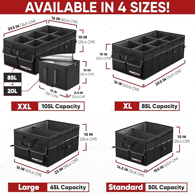 FORTEM Trunk Organizer with Cooler For SUV Car Trunk, Foldable Storage, Car Accessories for Women Men, Collapsible Bag, Perfect Christmas Gifts, 600D Oxford, Non Slip Bottom, Straps, Soft Cover (105L)