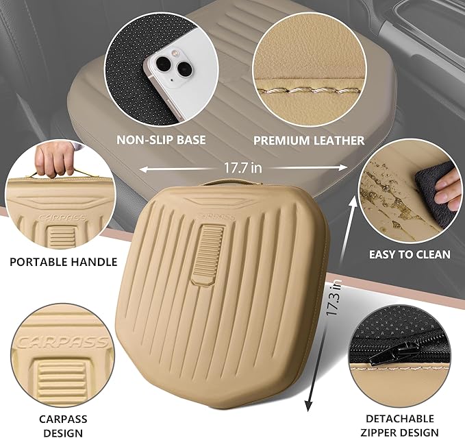 CAR PASS Premium Leather Car Seat Cushion, Comfort Memory Foam Driver Seat Cushion for Long Driving, Waterproof Non-Slip Seat Cushions for Cars, Truck, SUV, Office Chairs, Stadium, Beige