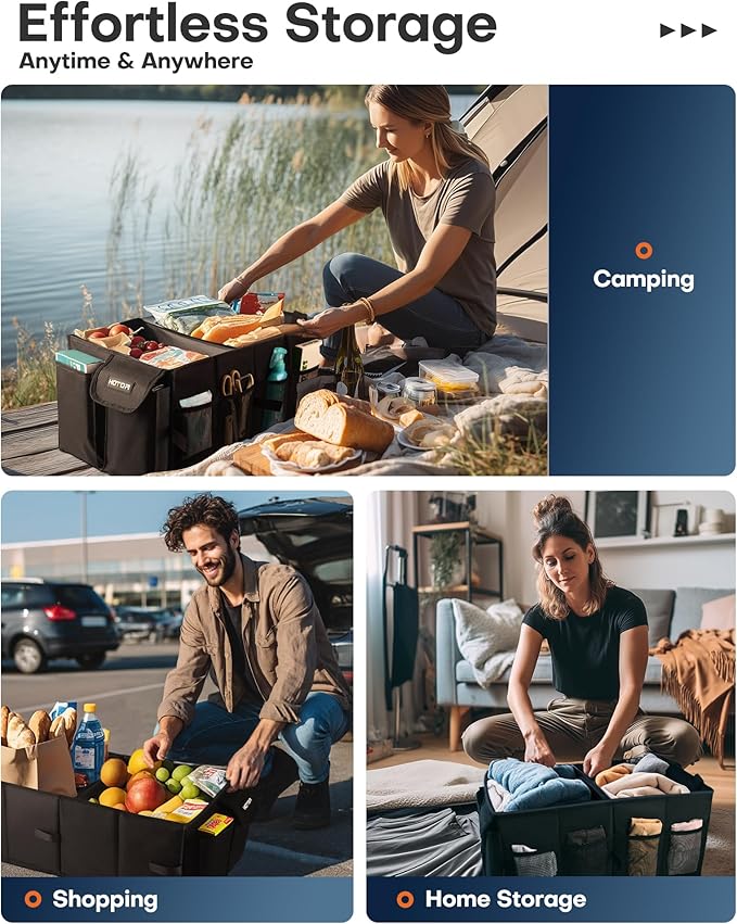 HOTOR Trunk Organizer - Car Organizer, Foldable Trunk organizer for SUVs & Sedans, Sturdy Car Organization for Car Accessories, Tools, Sundries, Black, 2 Compartments, 21.3"×12.6"×10.6"