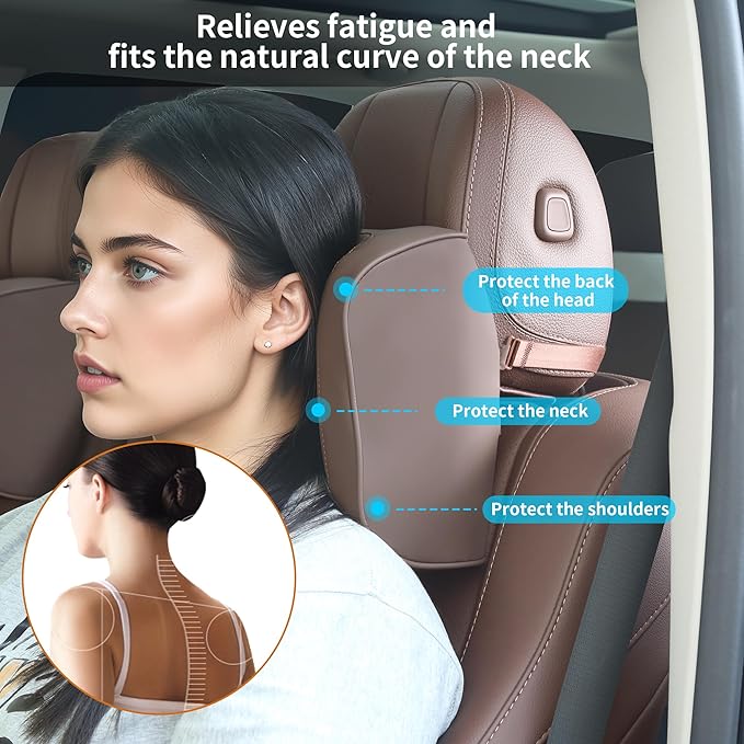 Car Headrest Pillow U-Shaped, Memory Foam Head Neck Support Cushion for Driving, Leather Head Rest Travel Pillows for Sleeping, Breathable Removable Cover, Brown, 2 Pack