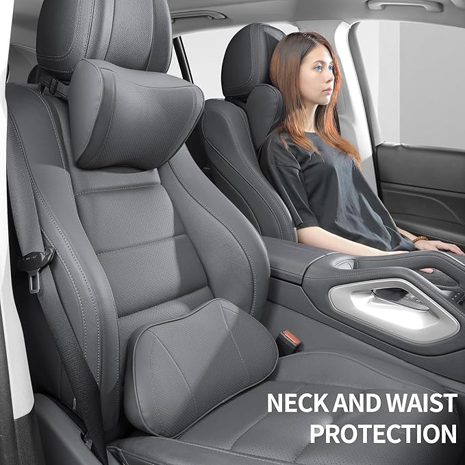 Lumbar Support Pillow for Car, Premium Leather Memory Foam Lumbar Cushion for Lower Back Pain Relief, Universal Back Support for Driving, Home & Office Chairs, Gray, 1 Pack