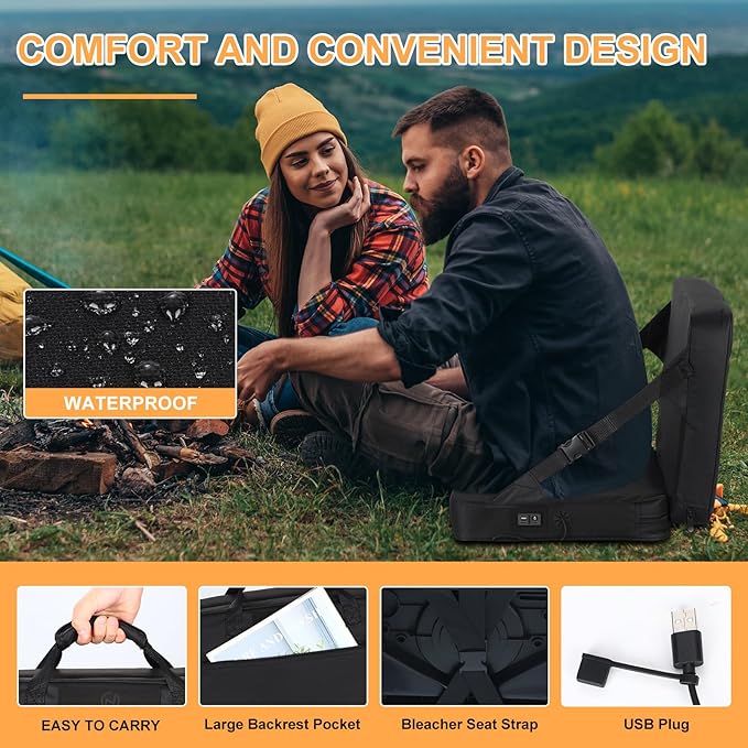 Nice C Heated Seat Cushion, Heated Stadium Seat, Heated Bleacher Seat, Stadium Seats for Bleacher, Massage Stadium Seat Cushion with Back Support, with Power Bank, Carry Handle&Compartment (1 Pack)