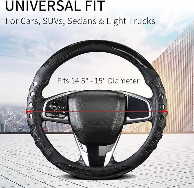 PU Leather Car Steering Wheel Cover with Anti-Slip Grip, for Women and Men, Universal Fit for 14.5-15 Inch Cars, Trucks, SUVs (Black (Round), Medium(Standard) Size[14 1/2''-15''])