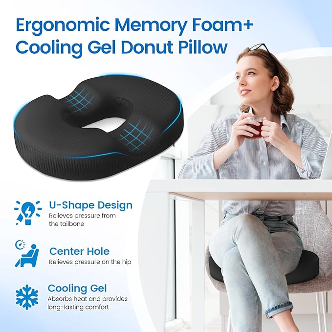 Donut Pillow Seat Cushion - Cooling Gel Floor Pillow, Memory Foam Floor Cushion for Office & Home, Car Seat, Hemorrhoids Pillow, Sciatica & Tailbone Pain Relief Chair Cushion, Black