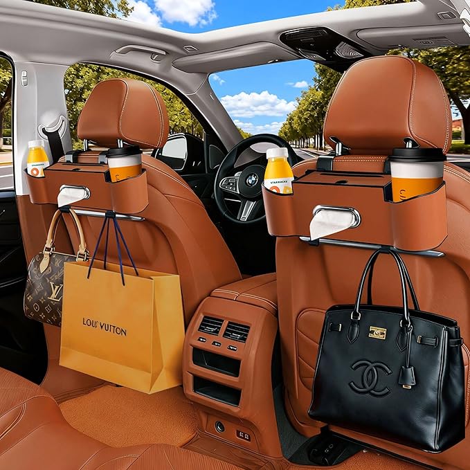 Backseat Car Organizers,4 in 1 Multifunctional Car Back Seat Storage Box with Drink Cup Holder Tissue Box, for Hold Phone,Snacks, Drinks, Handbag (LightBrown)