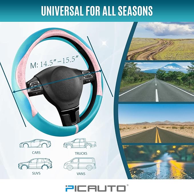 PIC AUTO Steering Wheel Cover, Pink Patterned & Blue Leather Patchwork Design, Universal Fit 14.5"–15.5", Anti-Slip, Odor-Free, Soft PU Grain Leather, Durable Grip Car Accessory for Girls & Women