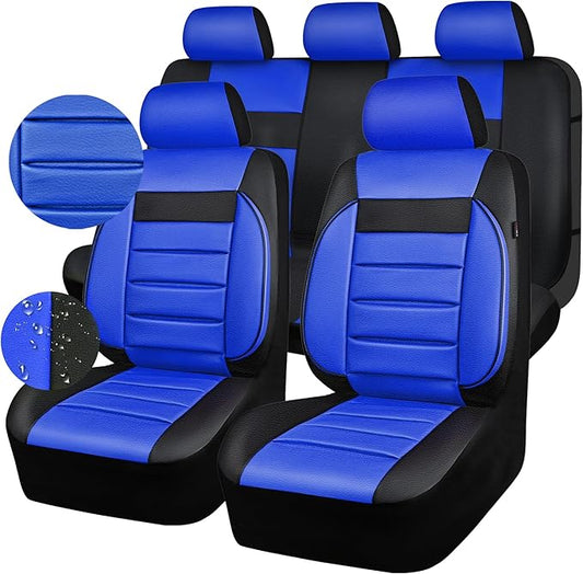 CAR PASS Leather Seat Covers Full Set Universal Water Resistant 3D Foam Back Support, Luxury Comfort Automotive 5 Seat Covers All Season Fit for SUV,Sedan,Van, Airbag Compatible Elegance(Blue Black)
