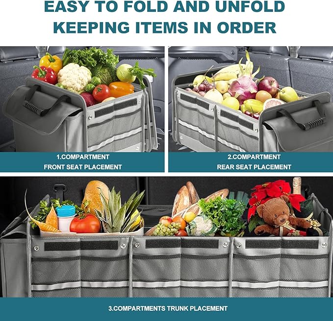 Car Trunk Organizer,115L Heavy Duty Collapsible Trunk Storage, with Insulated Leakproof Cooler Bag Vehicle Cargo Organizer with Lid, 3 Compartments, Straps For Car,Suv,Jeep,Sedan-Grey