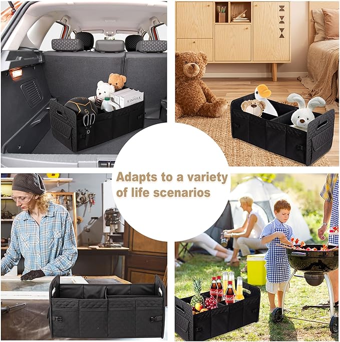 JiatuA Car Trunk Organizer for SUV, Car Storage Organizer Collapsible Multi Compartment Container Box, Adjustable Car Accessories for Women/Men, Black