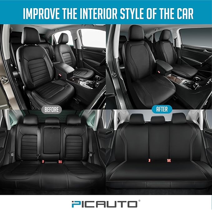 PIC AUTO Leather Car Seat Covers, Premium Automotive Waterproof Front & Rear Full Set Bucket Car Seat Protectors, Black and Black PVC Patchwork, Fits for Cars, Trucks, Van, SUV, Airbag Compatible
