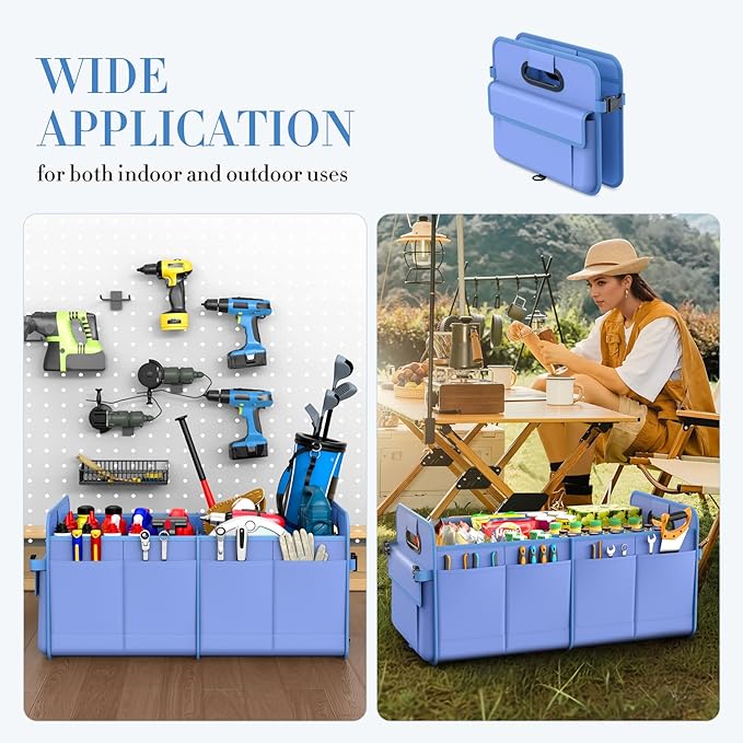 Trunk Organizer For Suv & Sedan,Car Organizers and Storage, Waterproof Collapsible & Adjustable Straps,75L Sturdy Car Organization for Car Accessories, Tools,Sundries,2-3 Compartment（Blue）