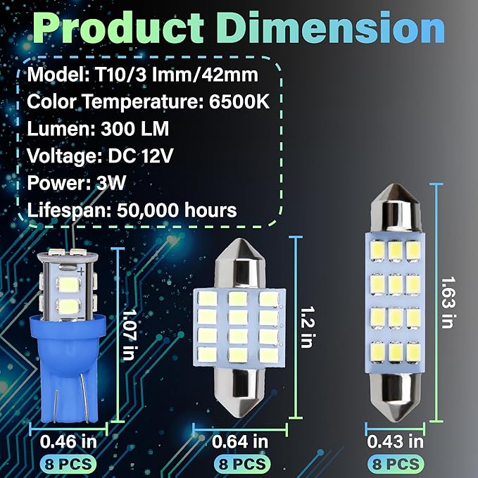 24 PCS Interior Led Dome Lights for Cars, 194 T10 DE3175 578 31mm 42mm Luces Led Para Carro, Accesorios Para Carro for Car Map License Plate Door Side Marker Cornering Trunk Light (Ice Blue)