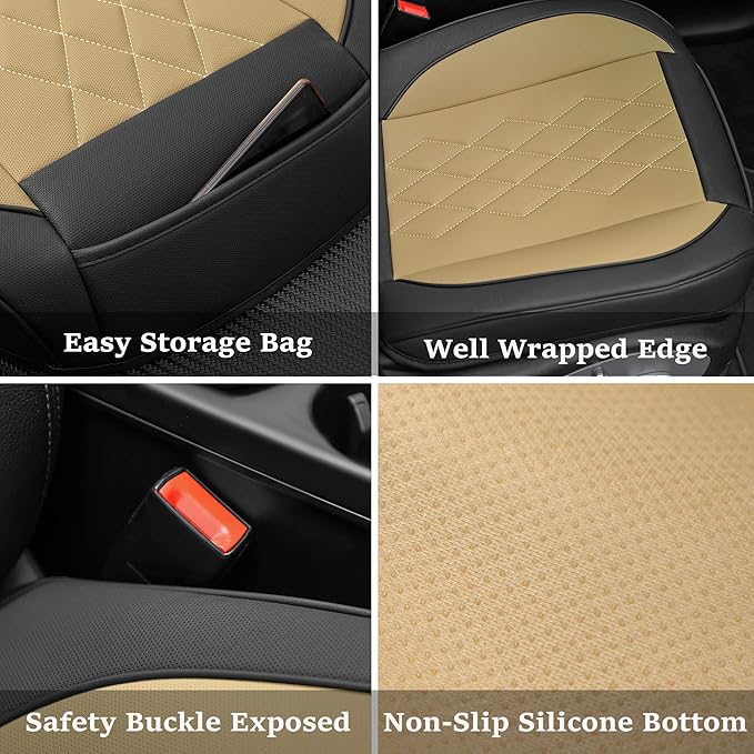 JOJOBAY 2pack Leather Car Seat Cover,Bottom Seat Covers for Cars,Front Seat Protector,Fit for 95% of Vehicles - Padded,Anti-Slip,Premium Leather(2 PCS,Beige)