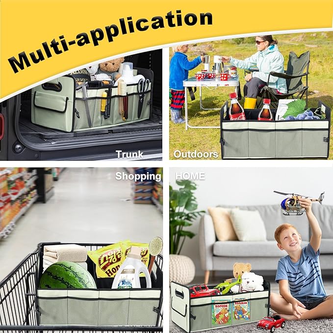 JiatuA Car Trunk Organizer, Car Organizers and Storage Collapsible Multi Compartment Container Box, Adjustable Car Accessories for SUV Sedan Truck, Standard Size, Light Green