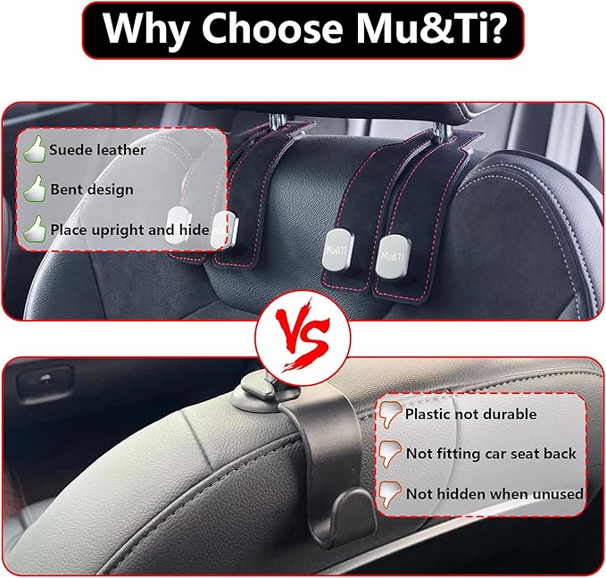 Mu&Ti Purse Hook for Car,Leather Seat Back Storage Hook, 2 Pack Hooks for Headrest, Car Accessories for Women (Black)