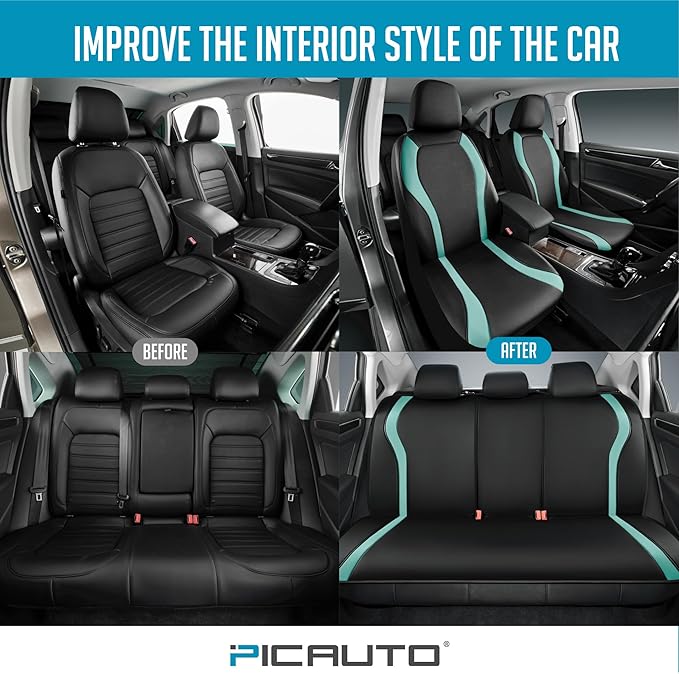 PIC AUTO Leather Car Seat Covers, Premium Automotive Waterproof Front & Rear Full Set Bucket Car Seat Protectors, Black and Mint PVC Patchwork, Fits for Cars, Trucks, Van, SUV, Airbag Compatible