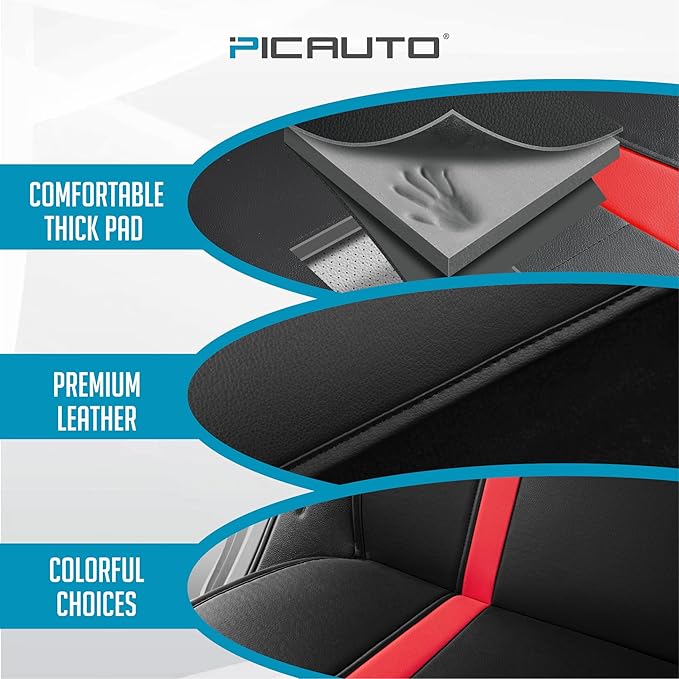 PIC AUTO Leather Car Seat Covers, Premium Automotive Waterproof Front & Rear Full Set Bucket Car Seat Protectors, Black and Red PVC Patchwork, Fits for Cars, Trucks, Van, SUV, Airbag Compatible