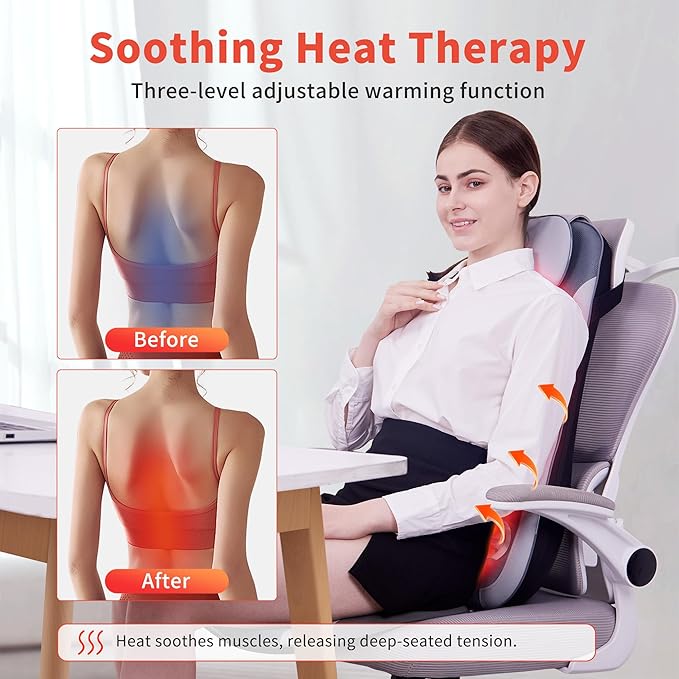 Shiatu Back Massager with Heat & Cooling, Kneading Rolling Vibration Chair Massager for Deep Tissue Pain Relief, Massage Chair Pad for Home & Office