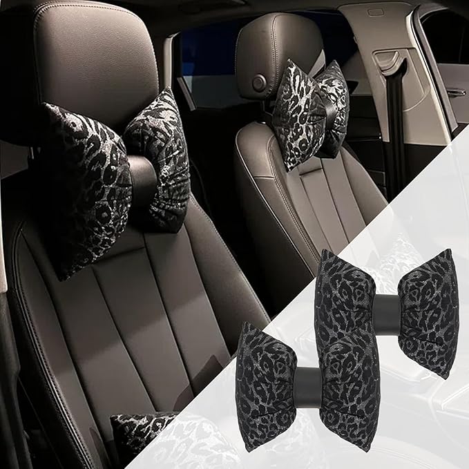 Car Headrest Pillow with Leopard Print Chic Car Interior Breathable Neck Support Cushions Fits for Most Cars (Black Pillow)