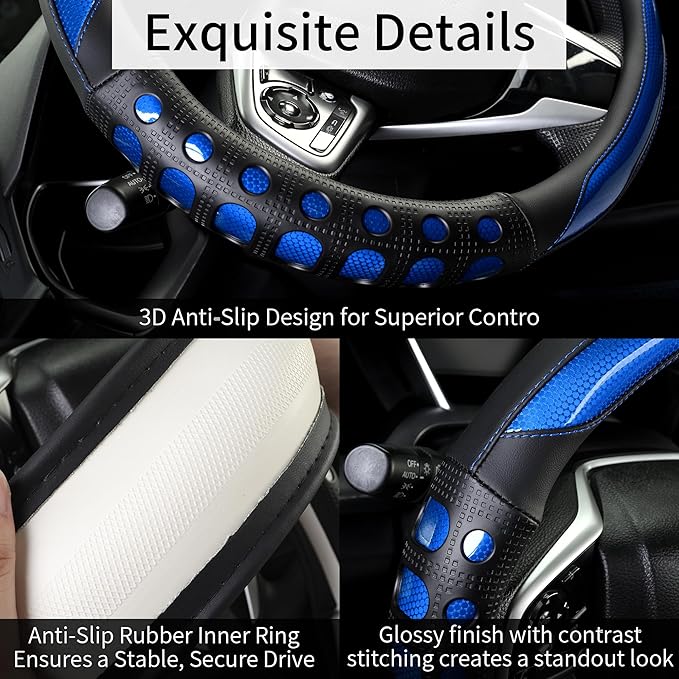 PU Leather Car Steering Wheel Cover with Anti-Slip Grip, for Women and Men, Universal Fit for 14.5-15 Inch Cars, Trucks, SUVs (Blue (Round), Medium(Standard) Size[14 1/2''-15''])