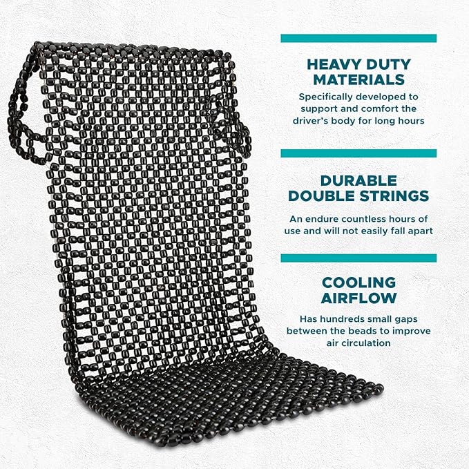 VaygWay Beaded Seat Cushion 2 Pk Car Driver Seat Cover with Durable & Double Strung Natural Wood Beads- Cooling Comfort Ventilated Massaging Support Cushion for Cars, Trucks & Office Chairs- Black