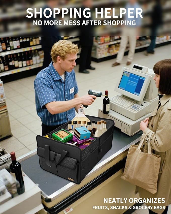 Sturdy Car Trunk Organizer – Large Capacity Trunk Organizer for SUVs & Sedans, Hard-Shell One-Piece Design with Cute Print, Collapsible and Durable Car Organizers (Black Leopard 70L)