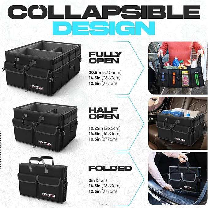 FORTEM Trunk Organizer For SUV Car Trunk Organizer, Foldable Storage, Car Accessories for Women Men, Collapsible Bag, Perfect Christmas Gifts, 600D Oxford, Non Slip Bottom, Straps, Soft Cover (50L)