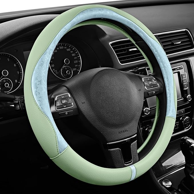 PIC AUTO Steering Wheel Cover, Light Blue Patterned & Green Leather Patchwork Design, Universal Fit 14.5"–15.5", Anti-Slip, Odor-Free, Soft Grain Leather, Durable Grip Car Accessory for Girls & Women