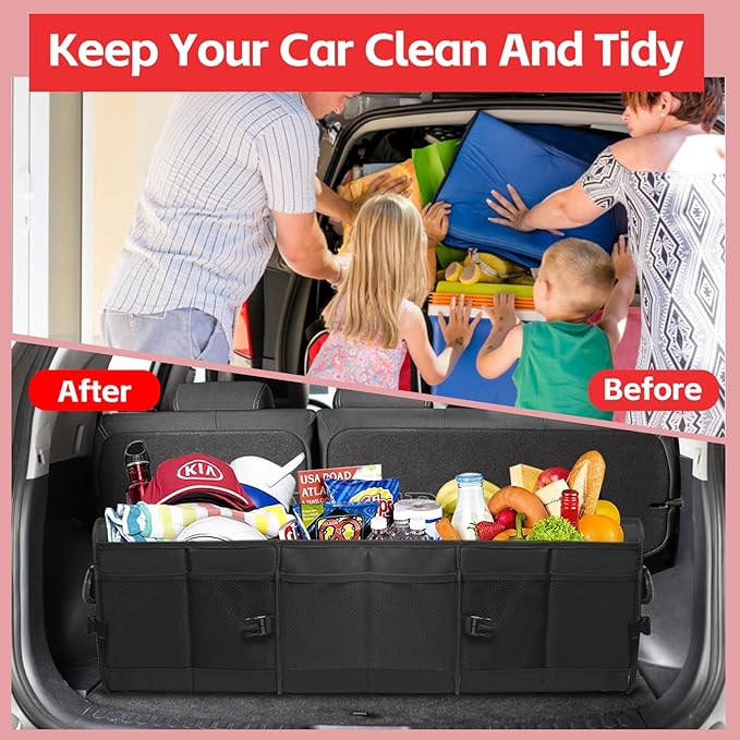 Car Trunk Organizer,Heavy Duty Collapsible 95 L Capacity Car Trunk Storage Organizer,Multi-Compartment Pockets, Adjustable Straps - Ideal for Travel, Camping, Shopping,Perfect for SUV, Truck, Sedan