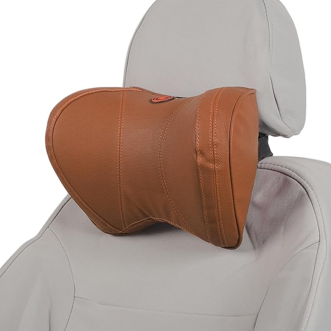 Car Headrest Pillow Ergonomic Comfortable Neck Support Pillow Nappa Leather and Memory Foam Adjustable Width Brown 1 Pcs for Driving
