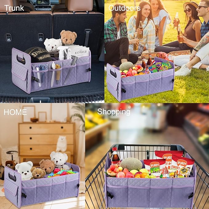JiatuA Car Trunk Organizers and Storage for SUV, Collapsible Multi Compartment Container Box Adjustable Car Accessories for Women Men, Light Purple