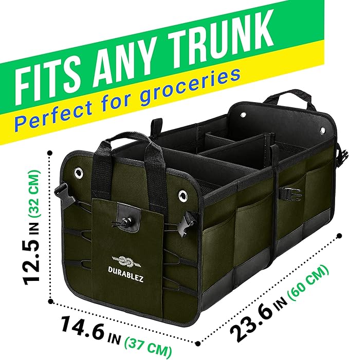 Heavy Duty Foldable Trunk Organizer 2-Section – Dual-Compartment Car Cargo Box with Non-Slip Pads & Removable Dividers – Green