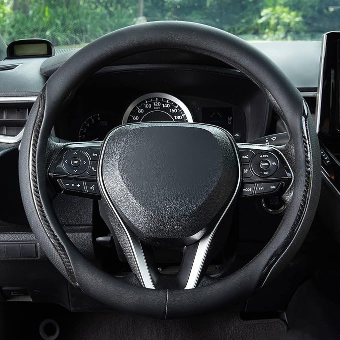Car Steering Wheel Cover Black, 14-14.5 inch Steering Wheel Covers with Coasters Microfiber Leather Carbon Fiber Breathable Anti-Slip Durable Universal Auto Steering Wheel Protective