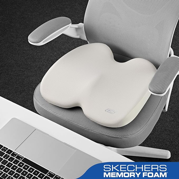 Skechers Seat Cushion, Ergonomic Memory Foam Cushion for Long Sitting Hours on Office & Home Chair, Car Seat Cushion for Sciatica, Coccyx Cushion,Beige